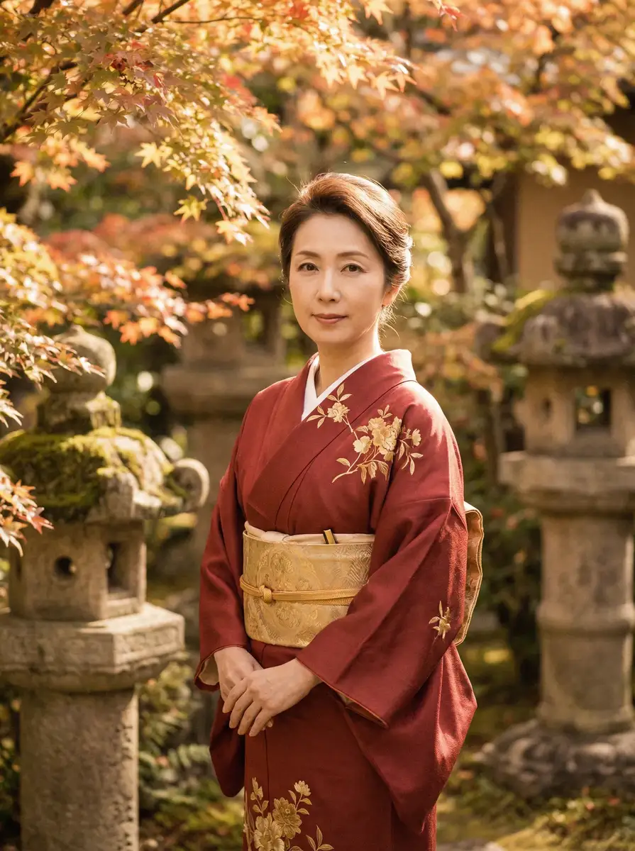 一位身穿暗红色和服的优雅 欲梦子 在日式庭院中