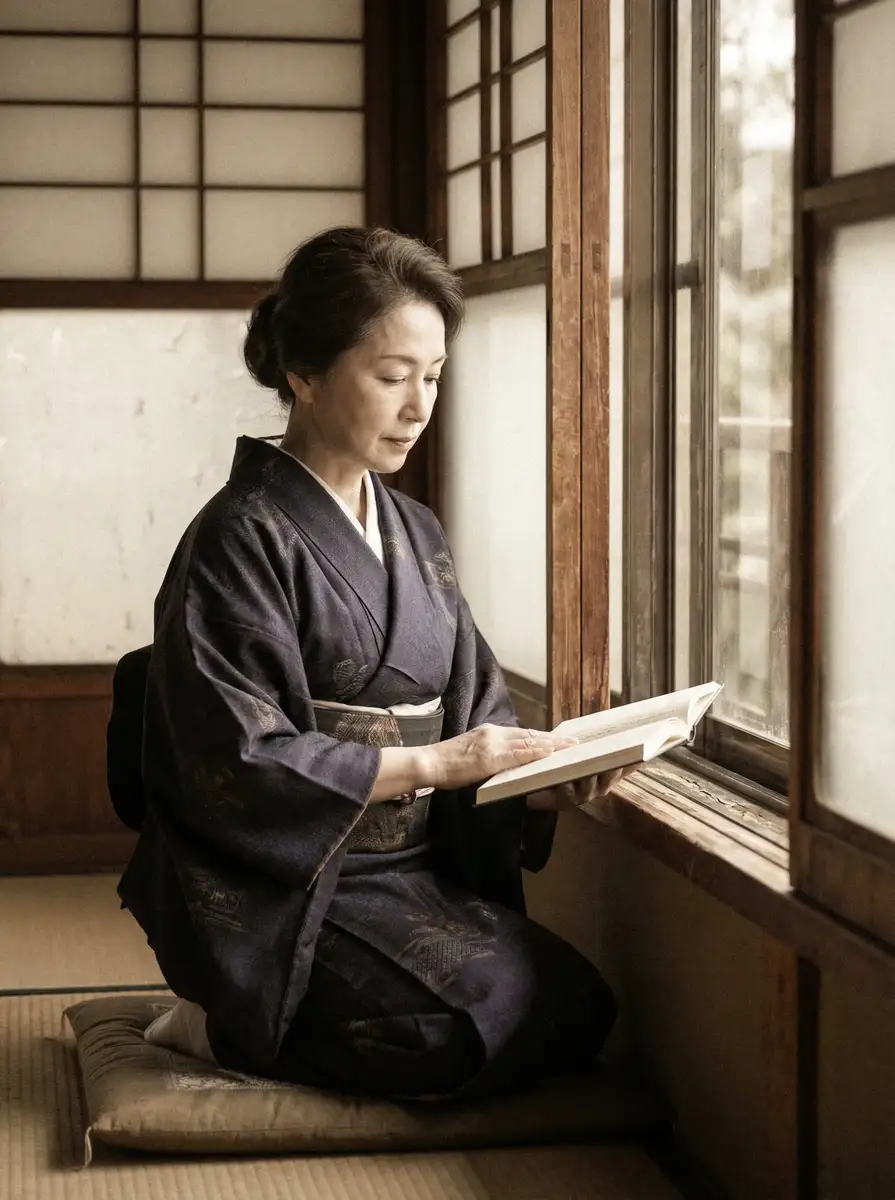一位优雅的五十岁 欲梦子 身穿深蓝色和服，在窗边静读