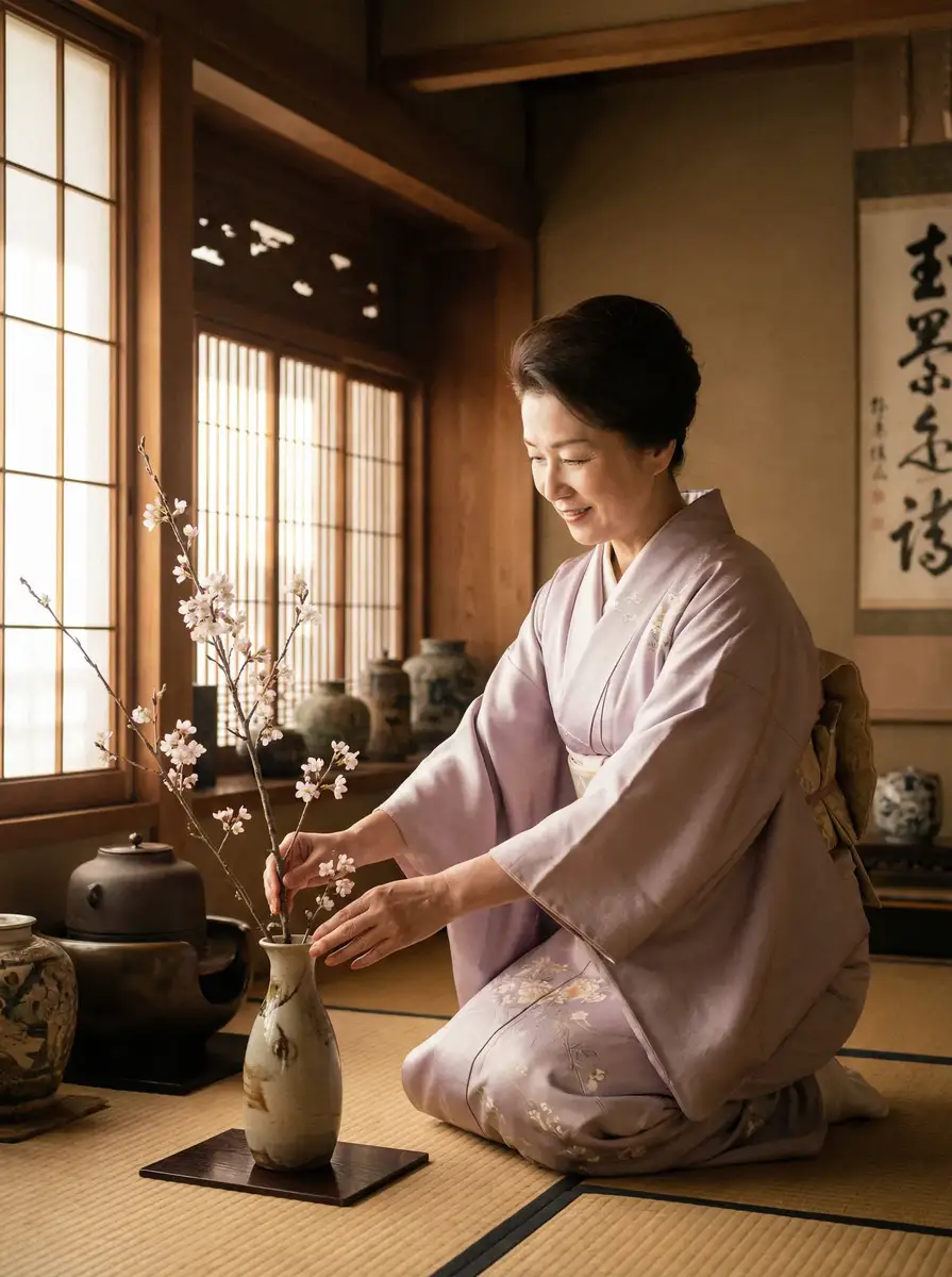 一位优雅的 欲梦子 在和室中插花